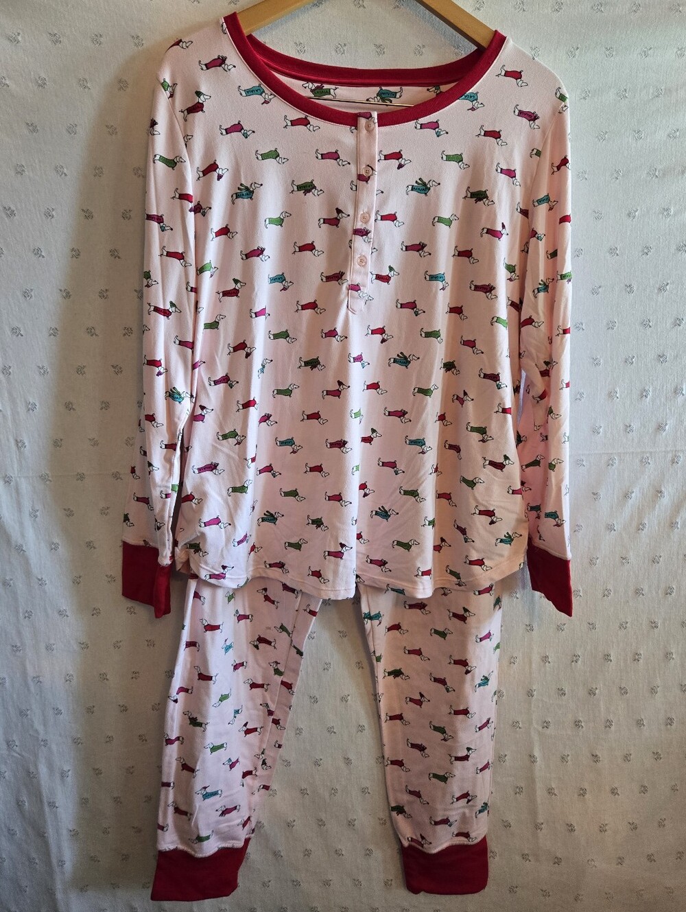 kate spade Pink Dog-Print Dachsund Long-Sleeve Pajama Set with Red Trim Size L